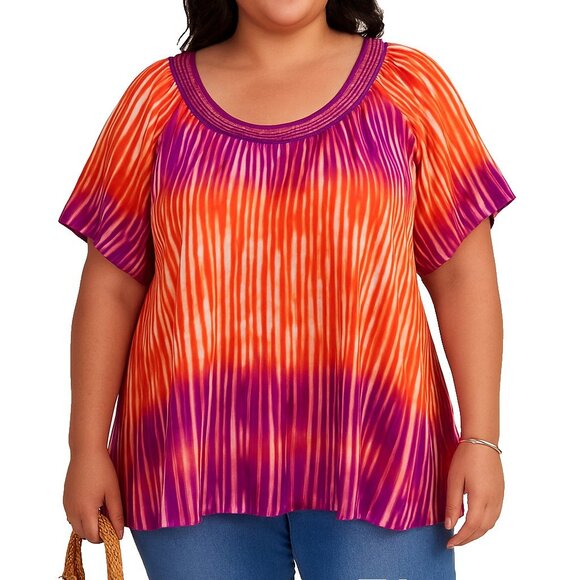 Catherines Womens 2X Sheer Blouse Multicolor Striped Pleated Slit Sleeve Boho - Picture 1 of 13